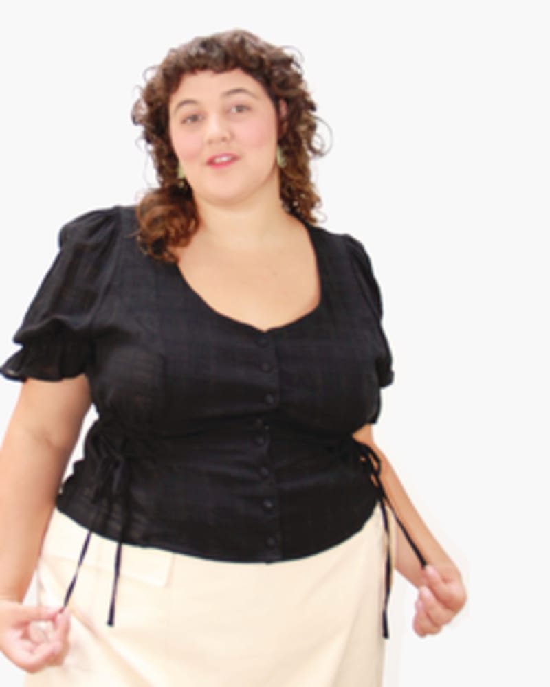 Front of a model wearing a size L Cora Lace-Up Blouse in BLACK by Lovefool. | dia_product_style_image_id:249607